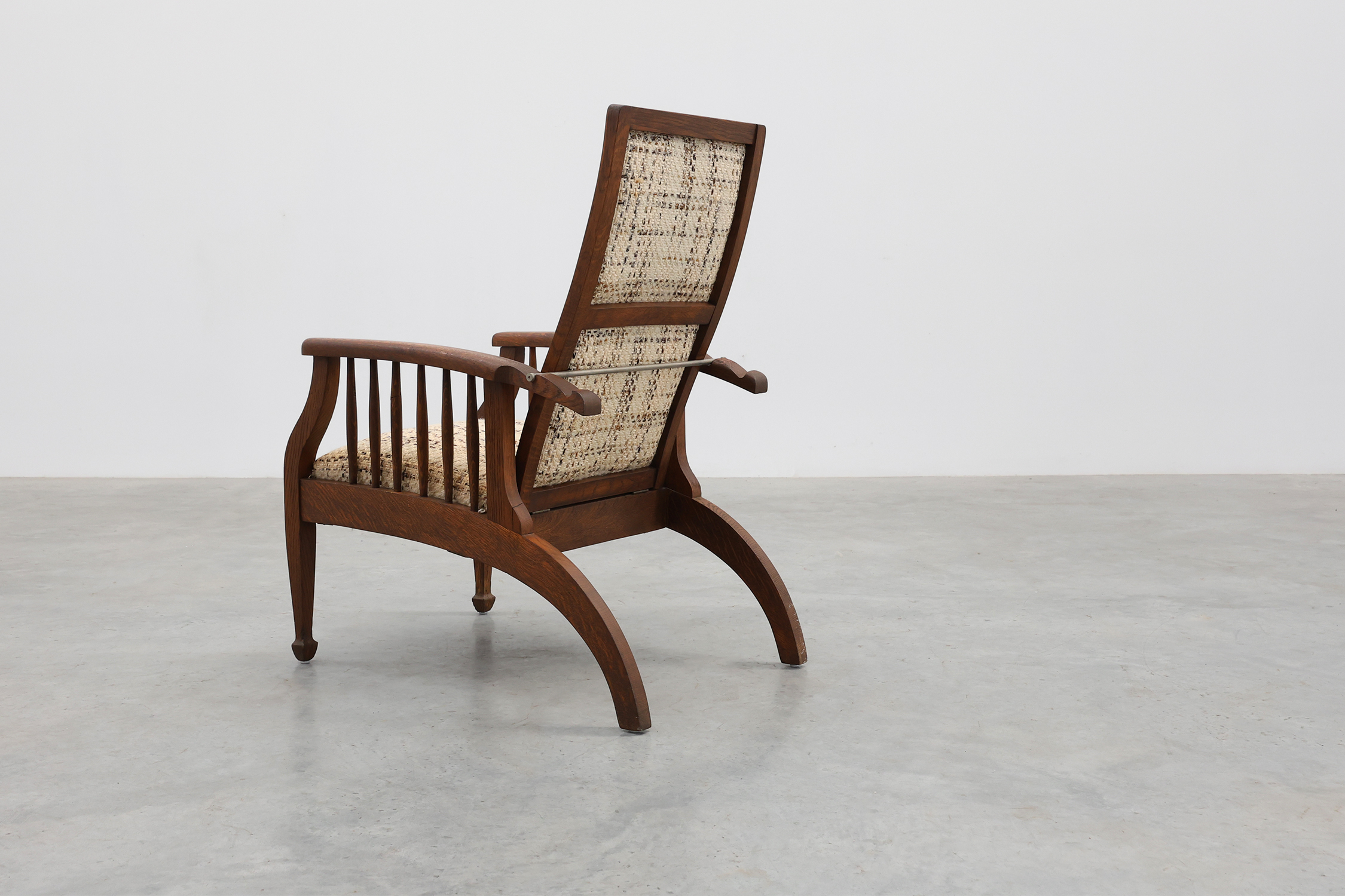Arts & Craft oak armchair with spindle sides and tweed upholstery, Belgium, 1920sthumbnail